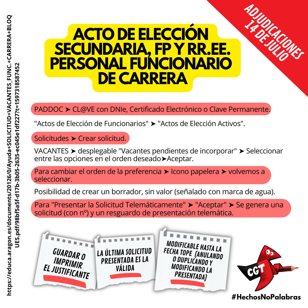 ACTO DE ELECCIÓN DE PRINCIPIO DE CURSO: FP, SECUNDARIA, RR.EE., FUNCIONARIOS DE CARRERA