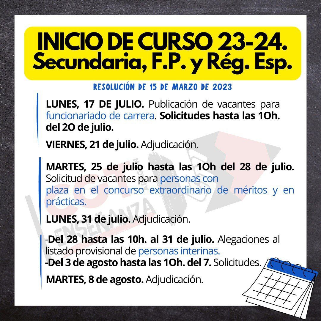 Calendario inicio de curso