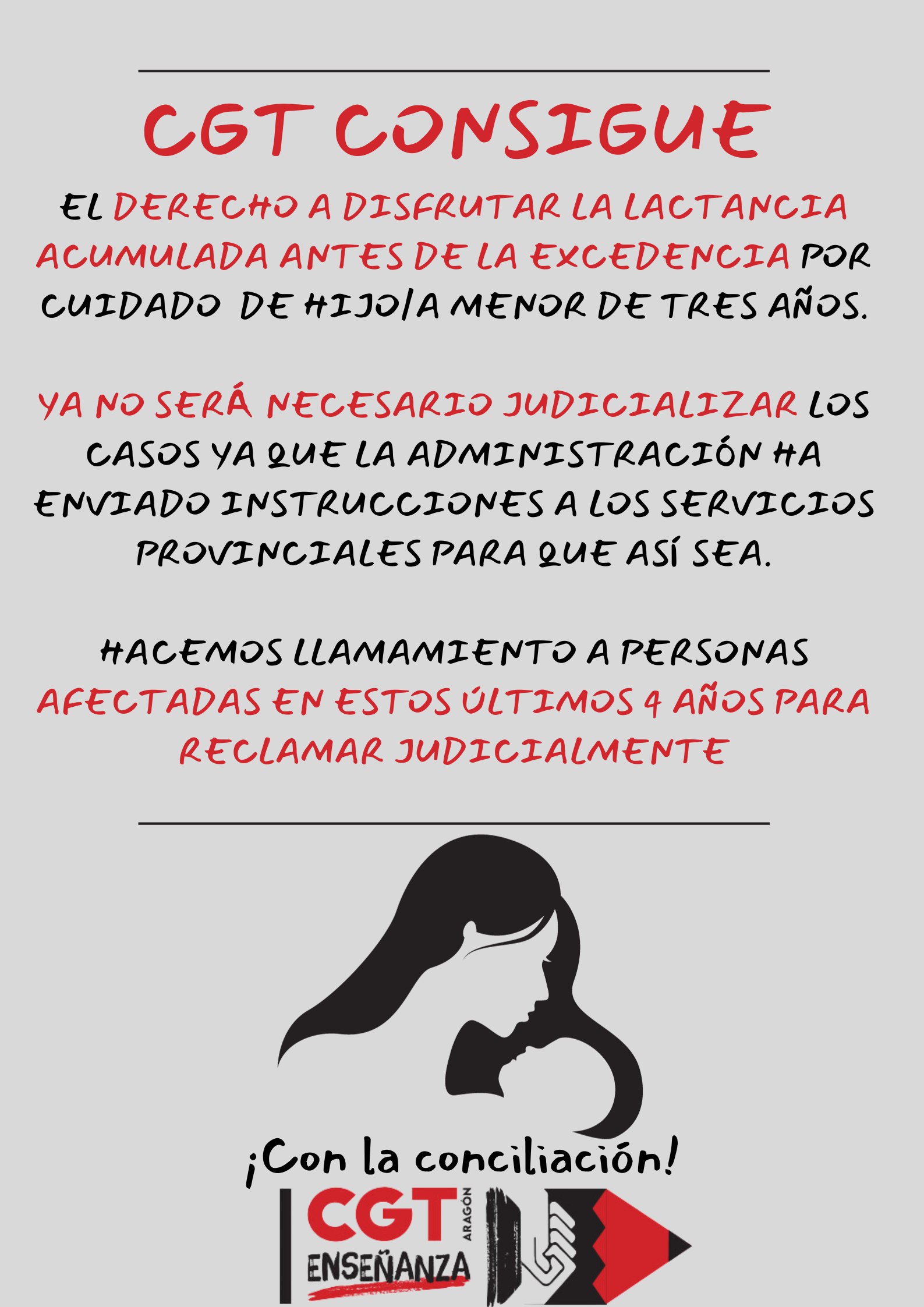 La administración reconoce el derecho a la lactancia acumulada antes de las excedencia tras sentencia ganada por CGT