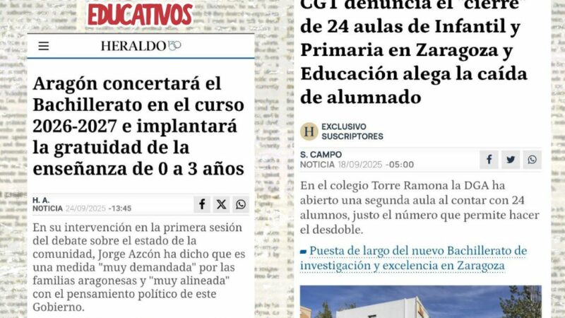 CGT Enseñanza Aragón rechaza los nuevos conciertos educativos en Bachillerato y 0-3 años
