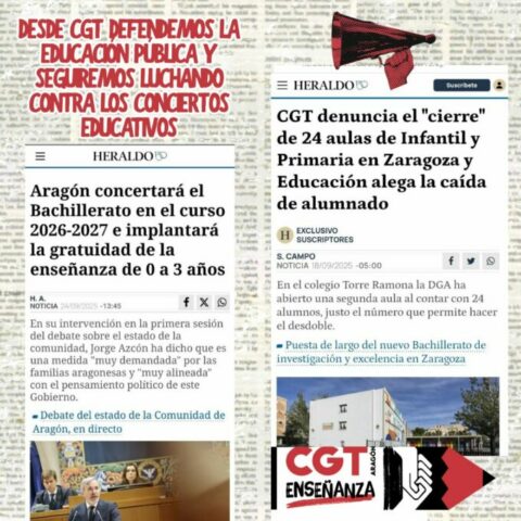 CGT Enseñanza Aragón rechaza los nuevos conciertos educativos en Bachillerato y 0-3 años