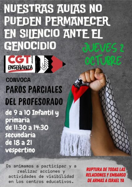 CGT Enseñanza Aragón convoca paros contra el genocidio en Palestina