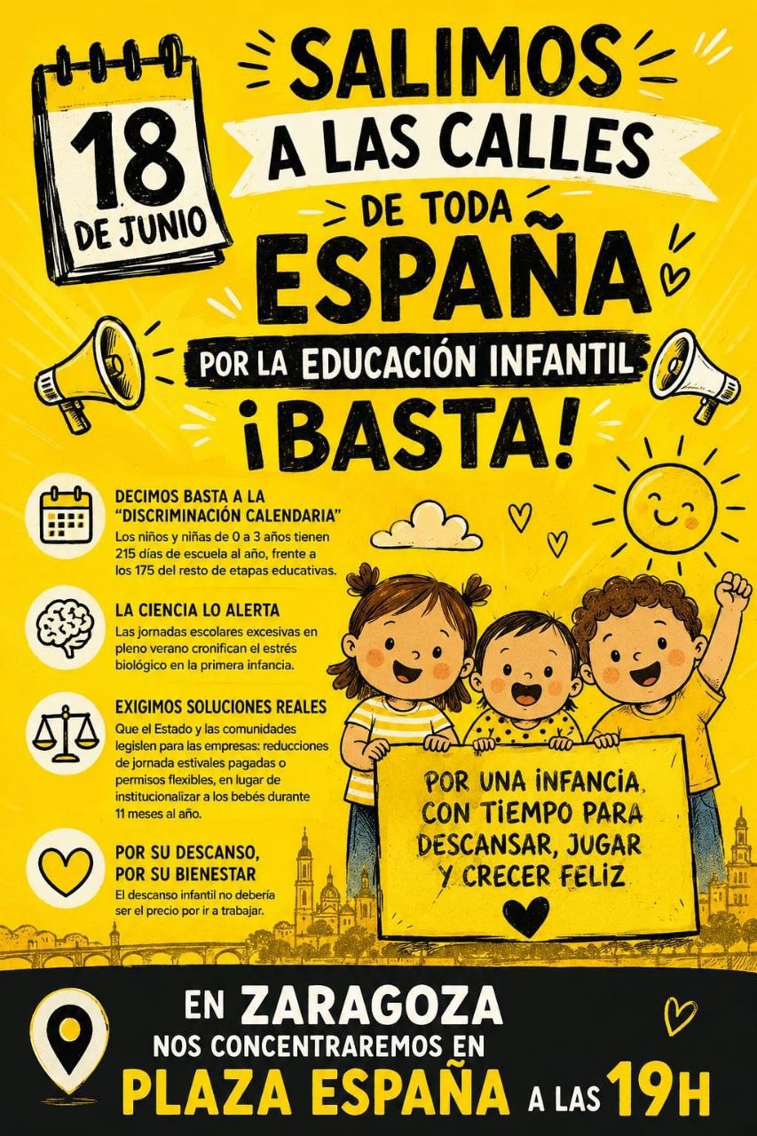 La Plataforma Aragonesa de Educación Infantil 0-3 y CGT se suman a una movilización estatal para reivindicar el derecho de la infancia al descanso y a la vida familiar.