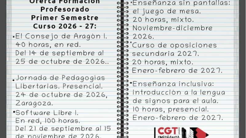 FORMACIÓN PARA EL PROFESORADO DE CGT. PRIMER SEMESTRE CURSO 2026-27