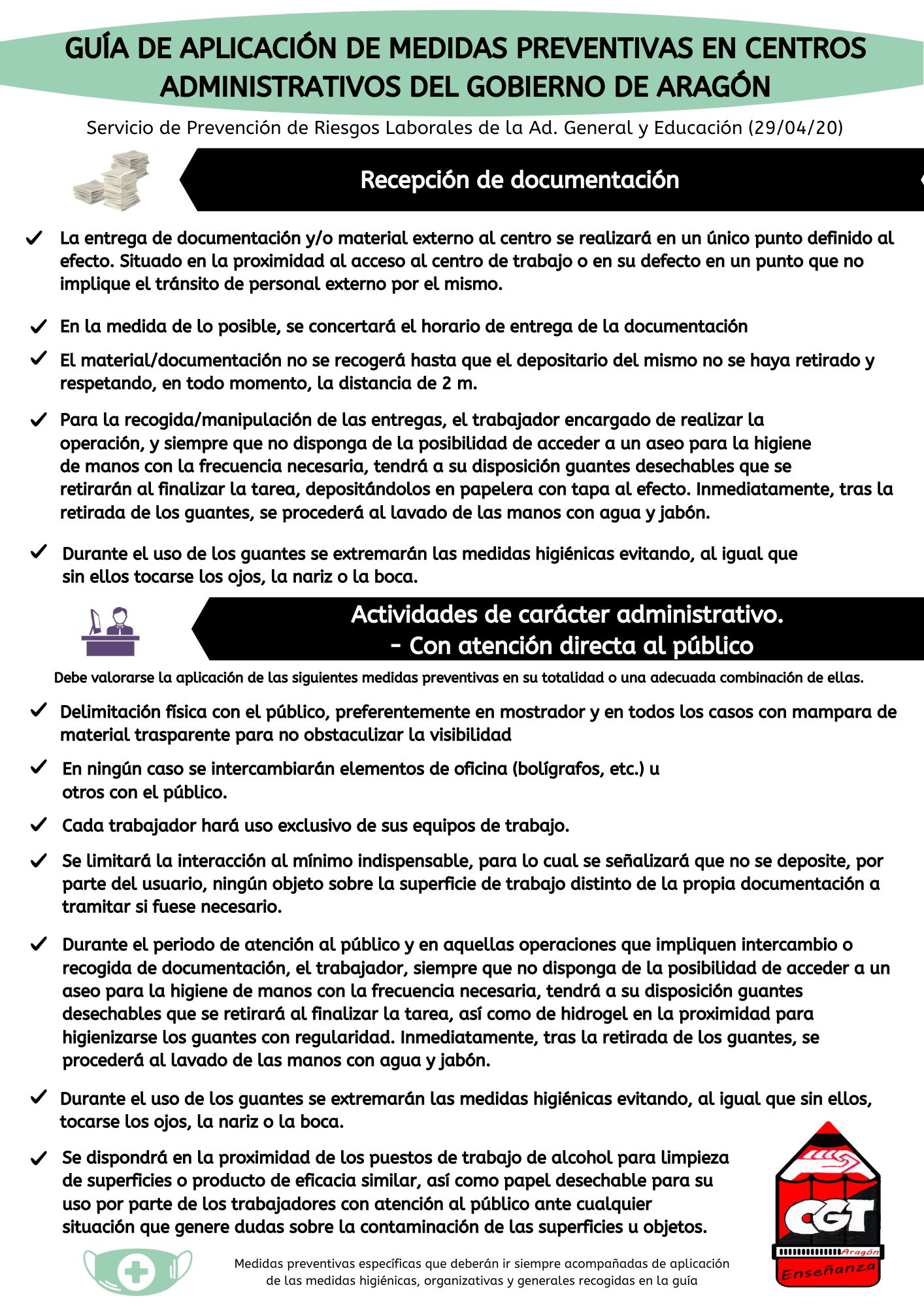 GUÃA DE APLICACIÃ“N DE MEDIDAS PREVENTIVAS PARA LA PREVENCIÃ“N DE CONTAGIOS DEL COVID-19 EN CENTROS ADMINISTRATIVOS DEL GOBIERNO DE ARAGÃ“N