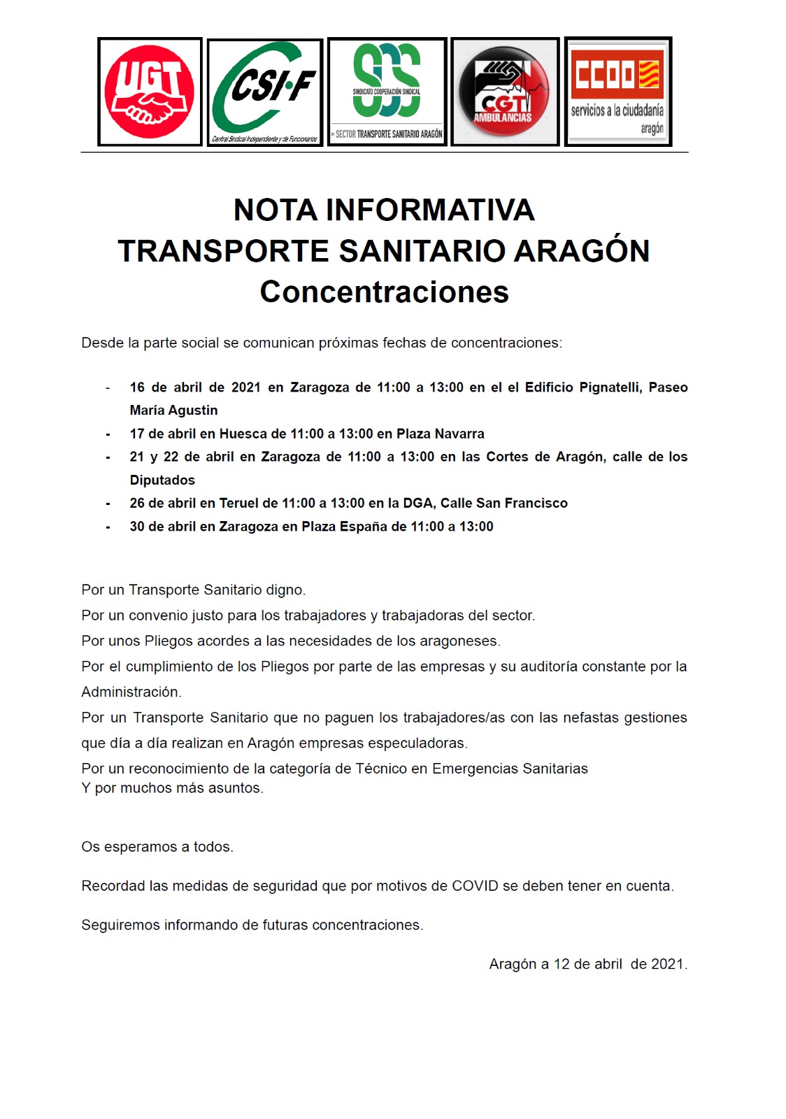 CONCENTRACIONES DEL TRANSPORTE SANITARIO EN ARAGÓN
