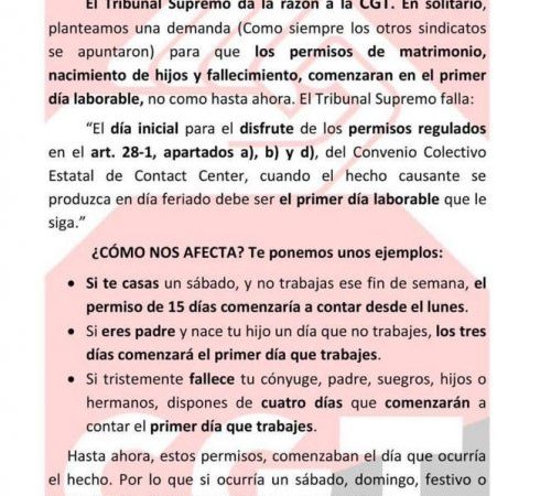 CGT consigue que los permisos de matrimonio, nacimiento y fallecimiento cuenten a partir del primer día de trabajo