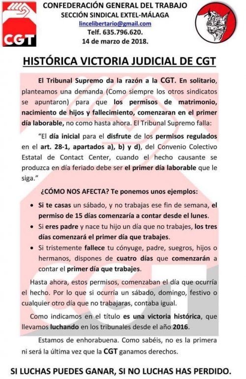 CGT consigue que los permisos de matrimonio, nacimiento y fallecimiento cuenten a partir del primer día de trabajo