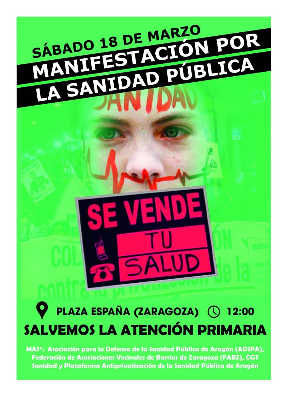 MANIFIESTO POR LA SANIDAD PÚBLICA CONVOCANDO MANIFESTACIÓN PARA EL DíA 18 DE MARZO EN ARAGÓN