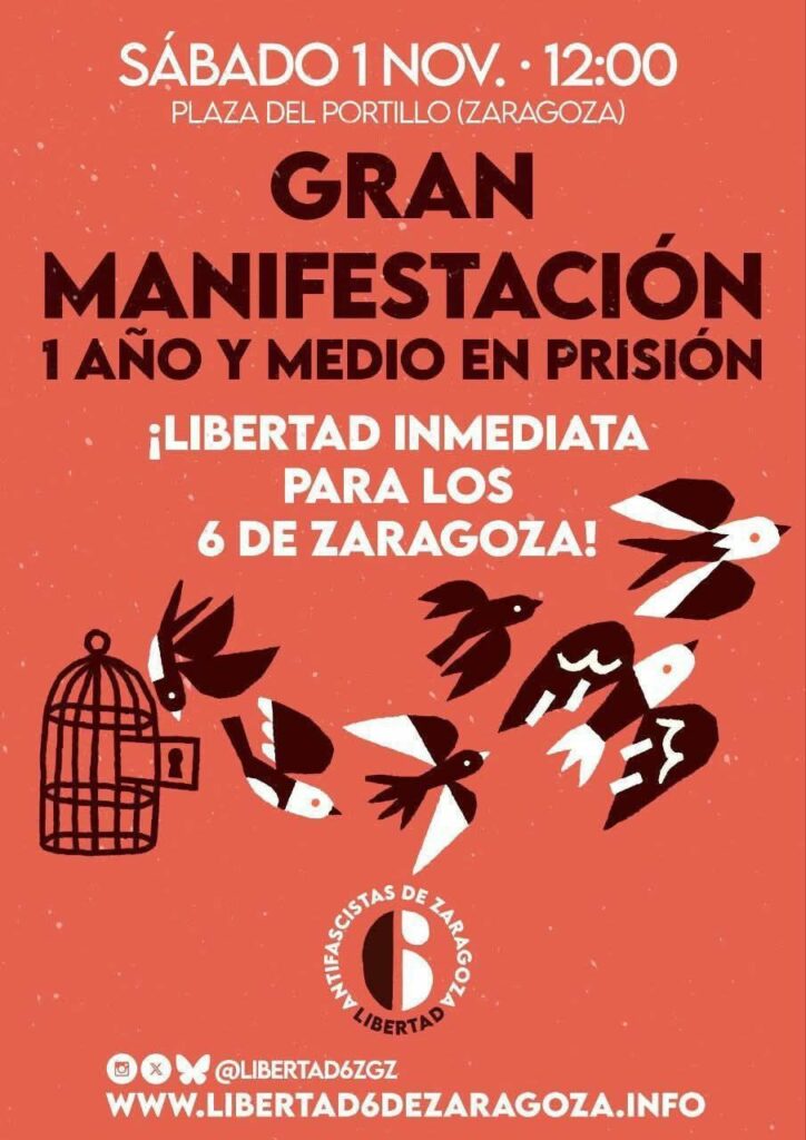 Manifestación.  1 año y medio en prisión. ¡Libertad inmediata para los 6 de Zaragoza!