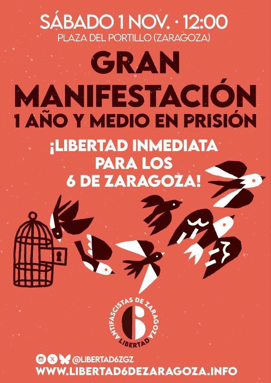 Manifestación.  1 año y medio en prisión. ¡Libertad inmediata para los 6 de Zaragoza!