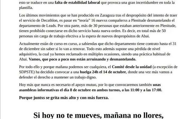 Huelga unitaria en Abai Zaragoza, Telemarketing