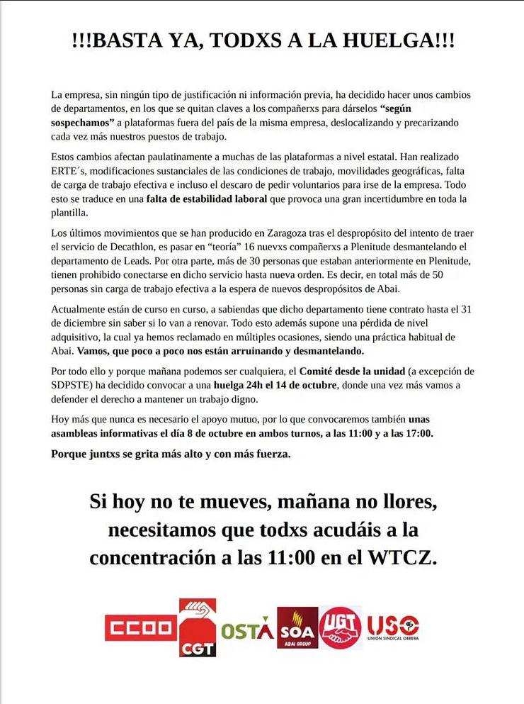 Huelga unitaria en Abai Zaragoza, Telemarketing